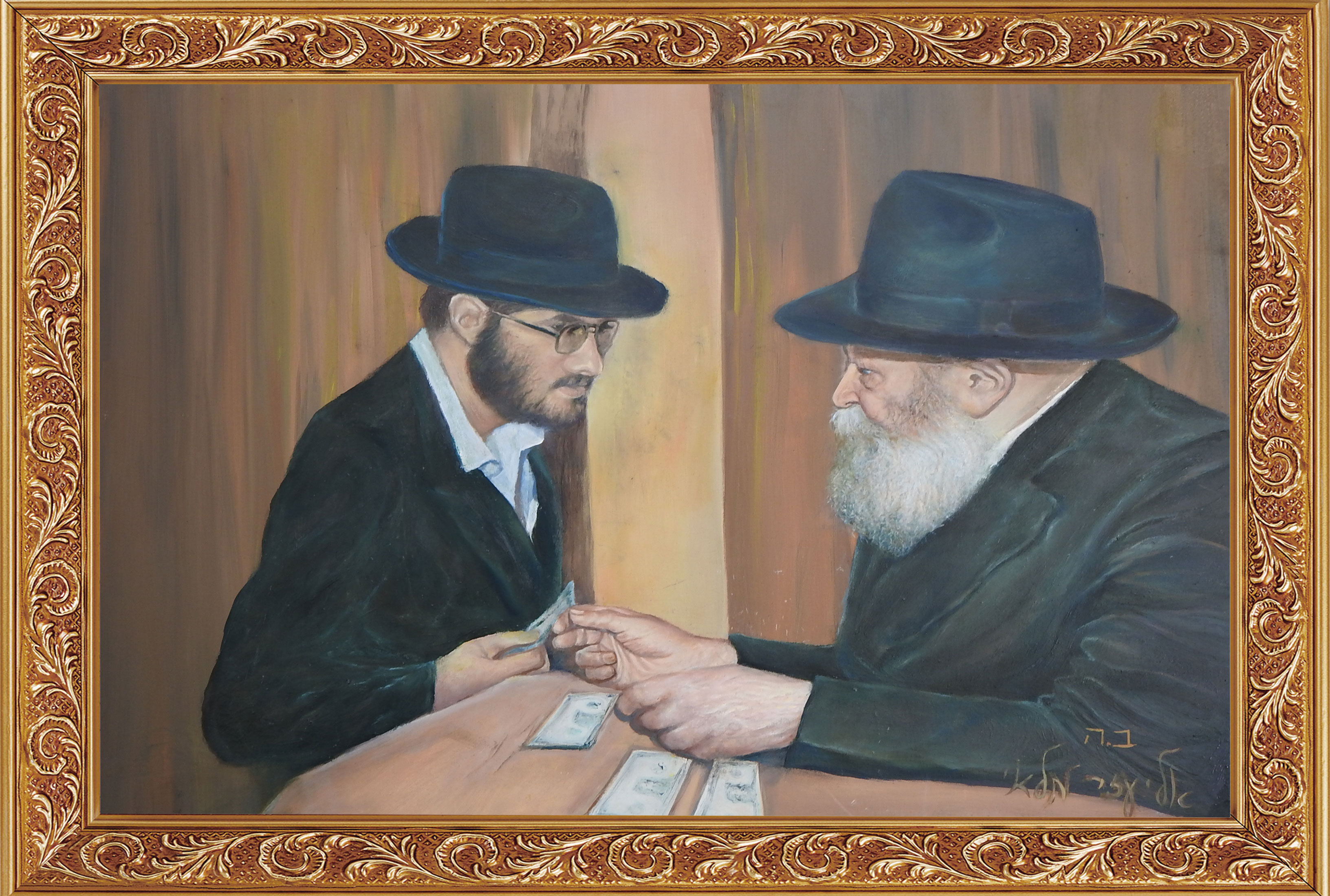 מפגש היסטורי בצבעי שמן - הרבי מנחם מענדל שניאורסון ואליעזר מלאי