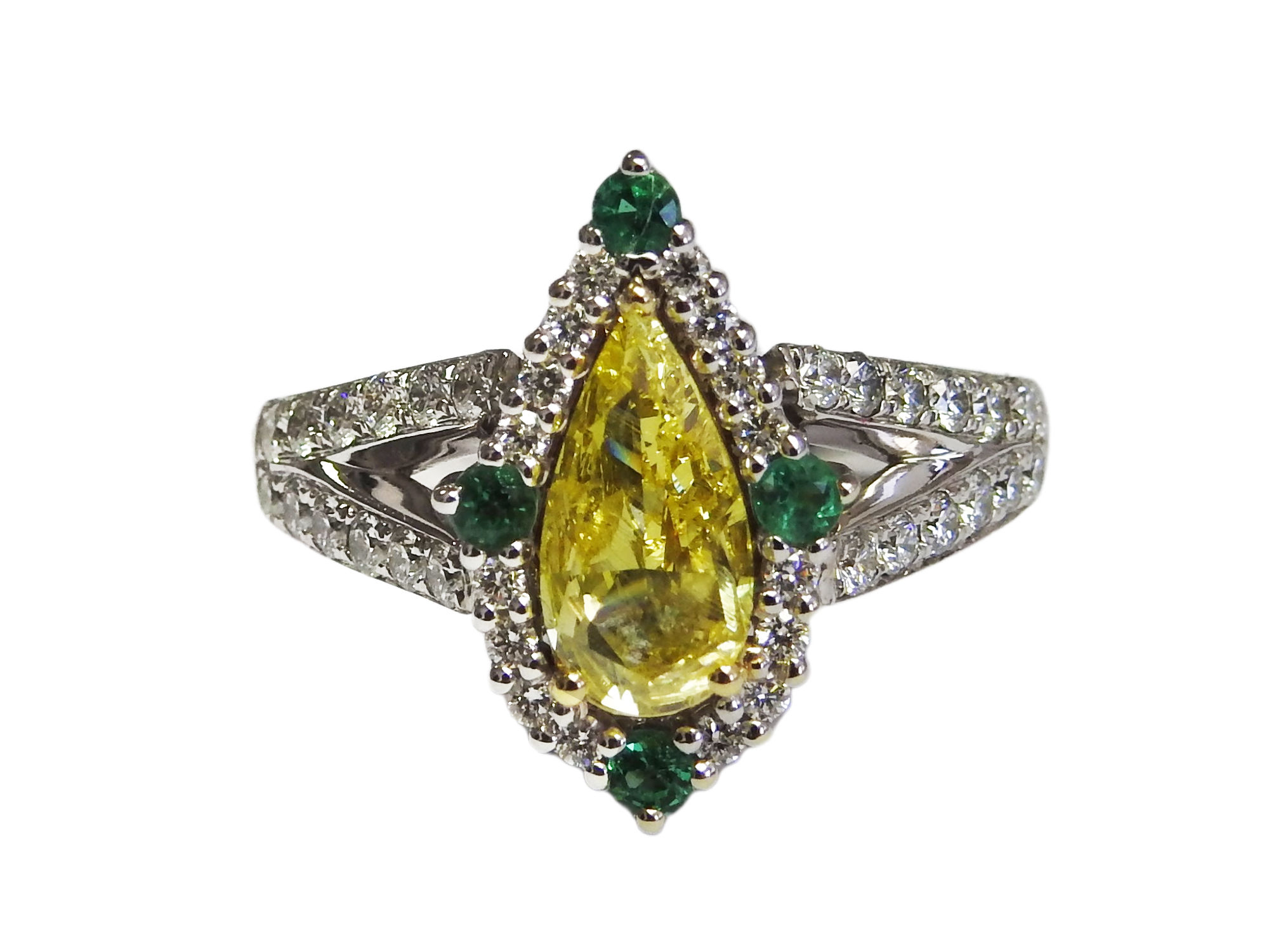 1.05 ct Fancy Vivid Yellow Diamond Ring with Split Shank and Accent Emeralds