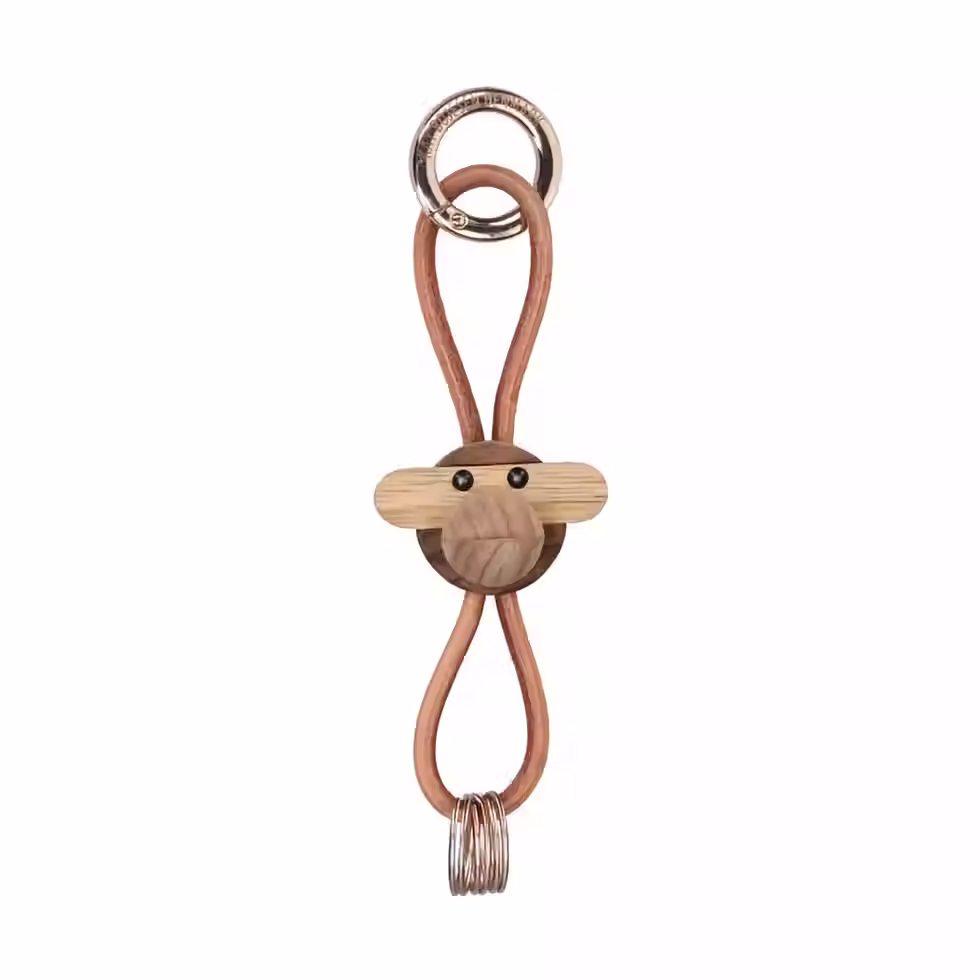Kay Bojesen - Monkey golden metal Keychain with Natural Leather teak/limba