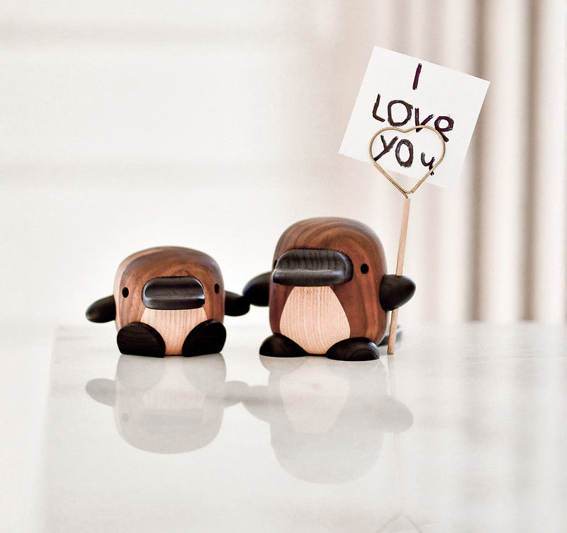 a small and large fablewood platypus holding a little sign saying " I love you"