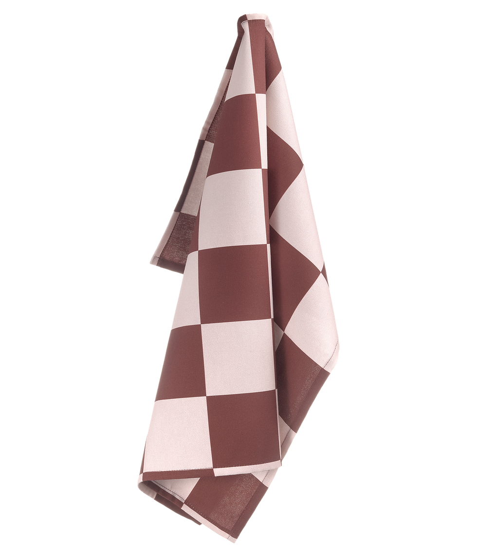 Muurla Checks/ Stripes Kitchen Towel - Brown hanging on a hook