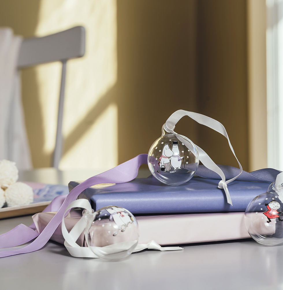 Moomin Christmas Bauble - Frosty Day - Mamma & Pappa set on a table with another bauble