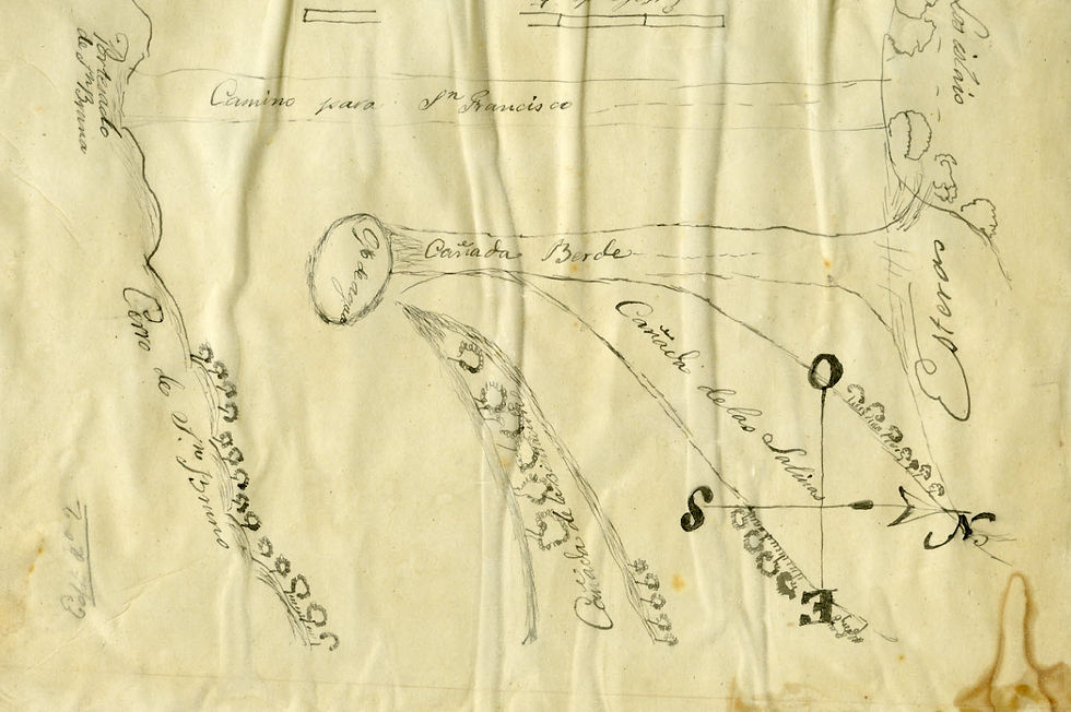 Hand-drawn sketch of the boundaries of the Salinas y Visitacion Rancho in San Francisco, 1834. The name Los Islais is near the upper right. Map courtesy of the California State Archives.