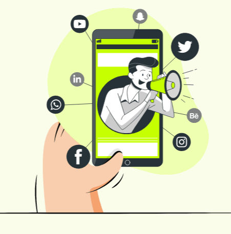 Hand holding phone with cartoon man using megaphone. Social media icons float around: Facebook, Instagram, Twitter. Green and gray tones.