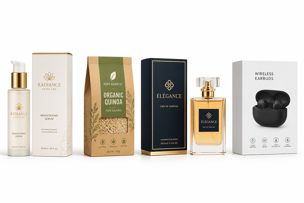 Luxury product lineup on white: skincare serum, organic quinoa pouch, perfume bottles, and wireless earbuds box with black earbuds.