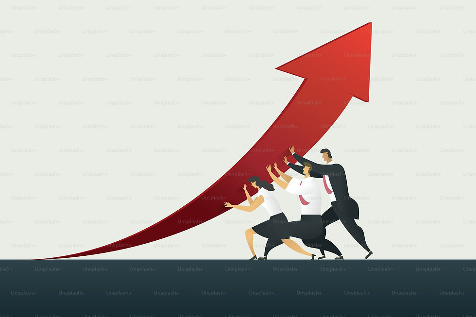 Businesspeople pushing a large red arrow upward, symbolizing growth. They are in suits, set against a plain background. Emphasizes teamwork.