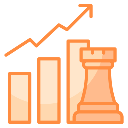 Bar graph and chess rook in orange with an upward arrow, symbolizing growth and strategy. Simple design on a white background.