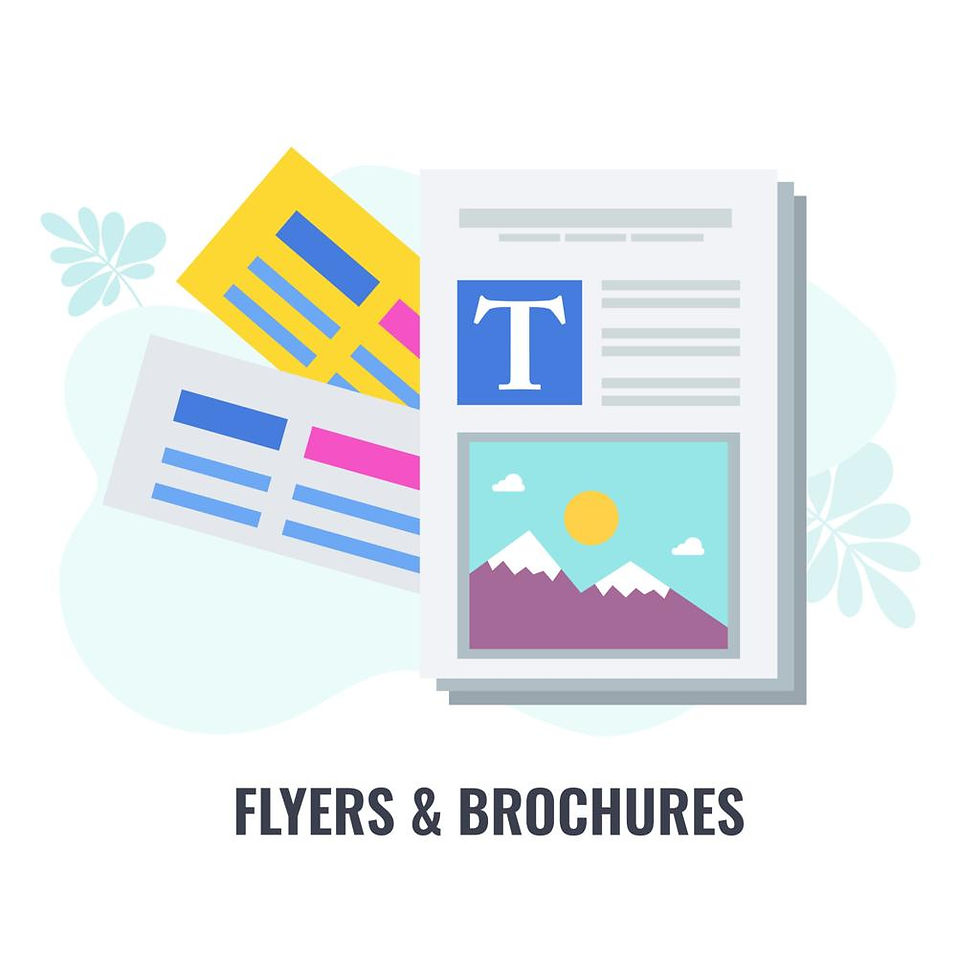 Colorful flyers and brochures with mountain images, text blocks, and patterns. Background features light blue floral accents. Text: Flyers & Brochures.