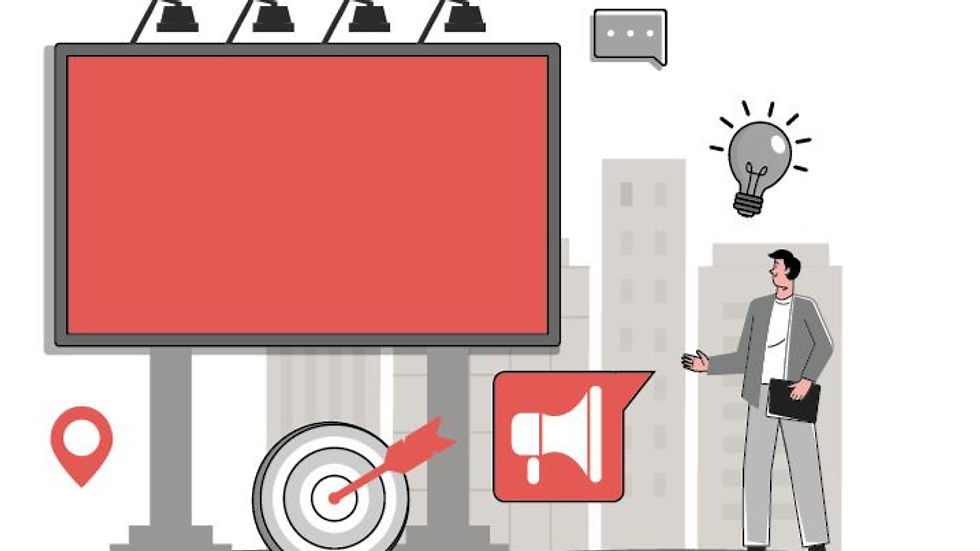 Man holding a folder points at a large red billboard; cityscape background, target with arrow, location icon, loudspeaker, light bulb.
