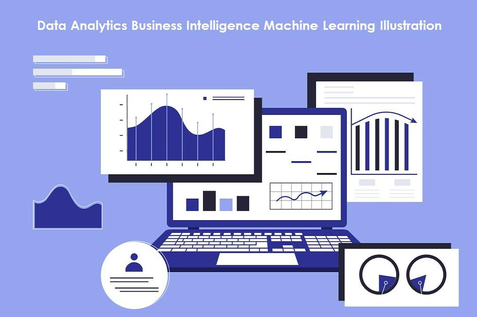 Laptop displaying charts and graphs, with screens showing data visuals. Text: Data Analytics Business Intelligence Machine Learning Illustration. Blue theme.