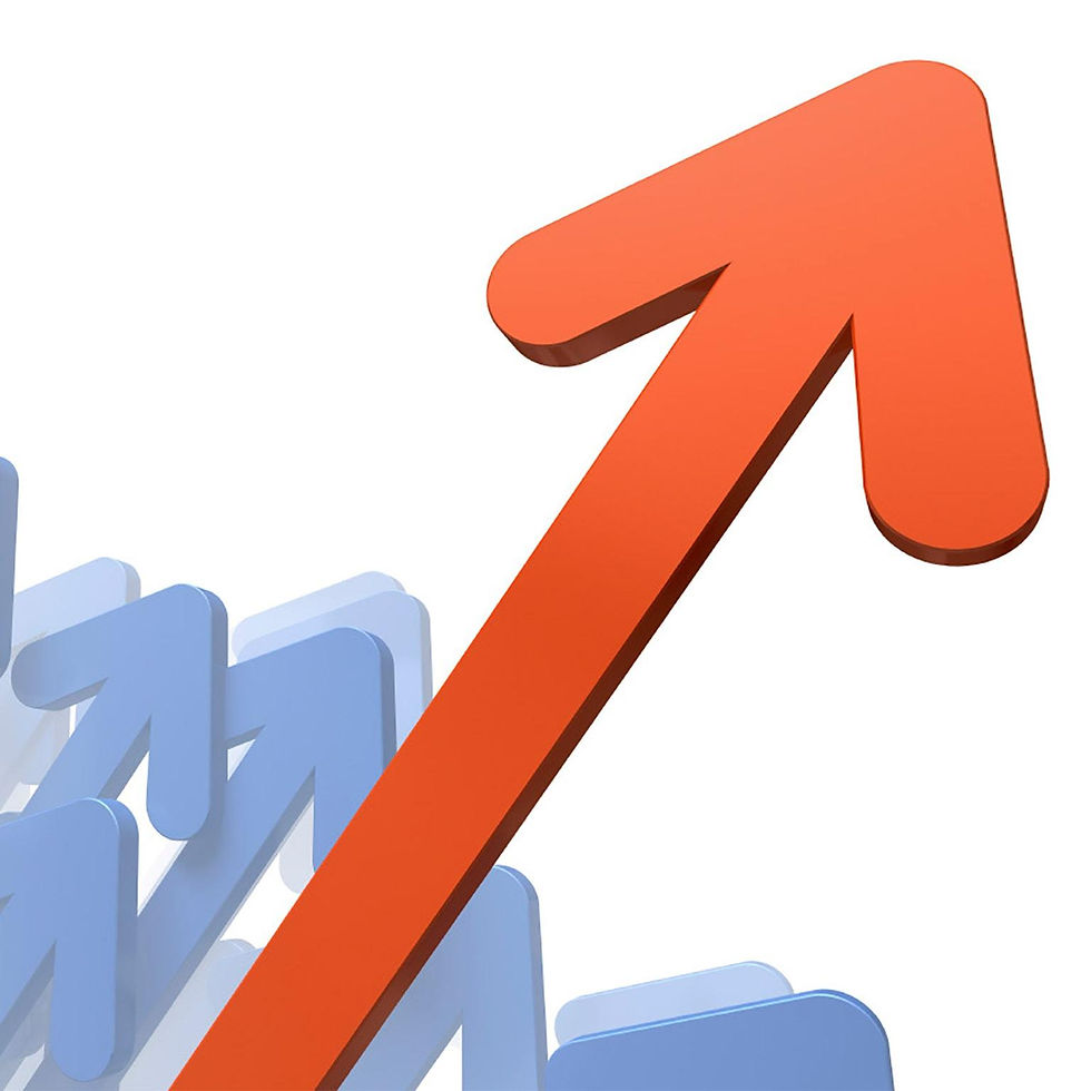 Red arrow on a white background points upwards, symbolizing growth or progress. Blue shadow arrows in the background enhance the effect.