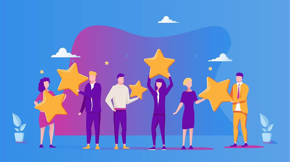Six illustrated people hold large yellow stars on a blue and purple background with clouds. The mood is celebratory and positive.