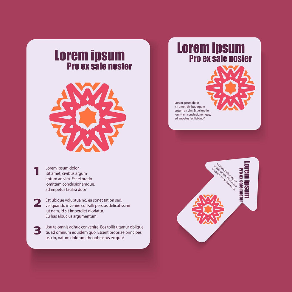 Three cards with orange and pink geometric designs on a maroon background. Text reads "Lorem ipsum Pro ex sale noster."