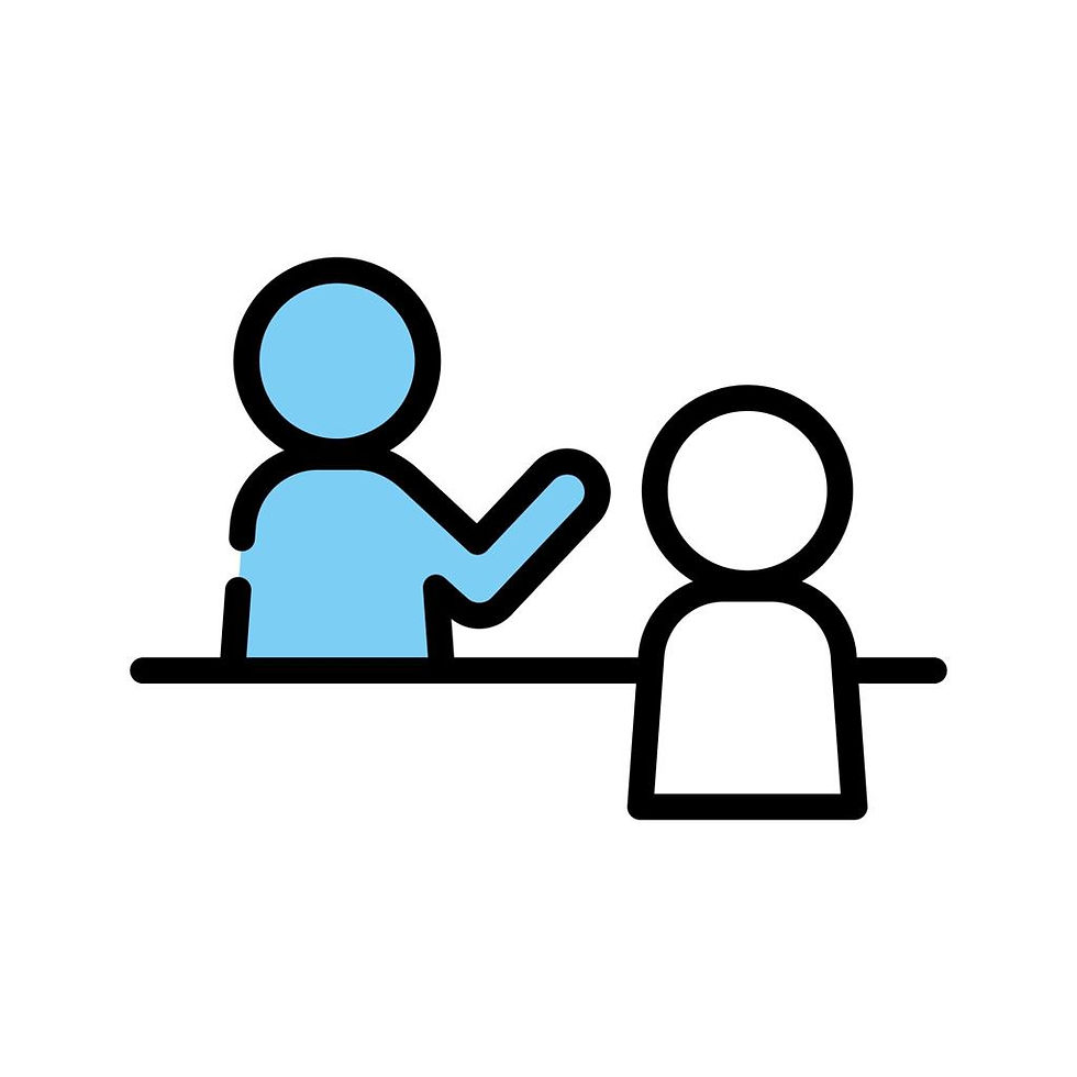 Two outlined figures sit at a table. The blue figure gestures while the white figure listens, suggesting discussion. Simple, minimal style.