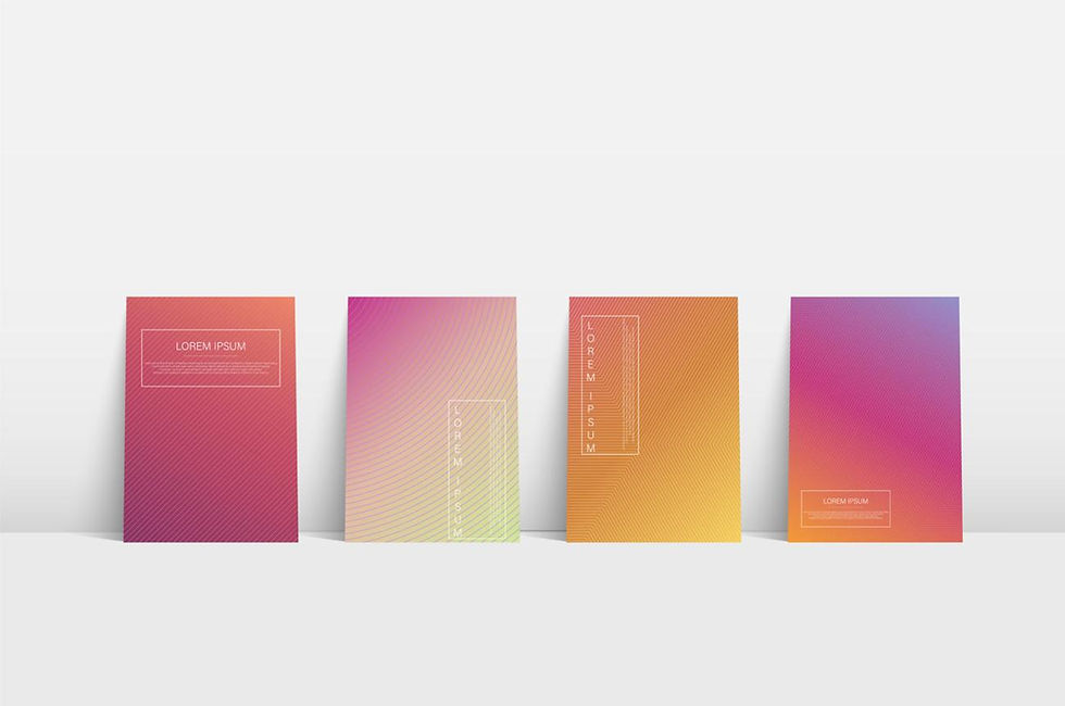 Four gradient posters with "Lorem Ipsum" text. Colors blend from pink to orange and purple. Minimalist design with fine line patterns.