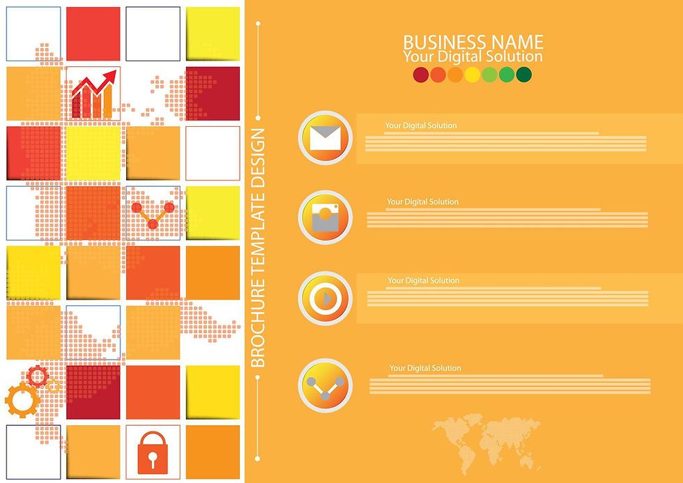 Orange brochure template with colorful grid, business icons, and graph. Text: "BUSINESS NAME, Your Digital Solution." Map in background.
