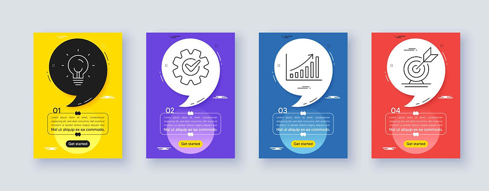 Four colorful banners display icons: lightbulb, gear, chart, target. Yellow, purple, blue, red backgrounds with "Get started" buttons.