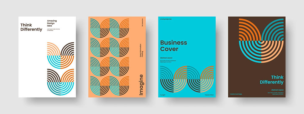Four abstract posters feature geometric patterns in orange, blue, and brown. Text includes "Think Differently" and "Business Cover."