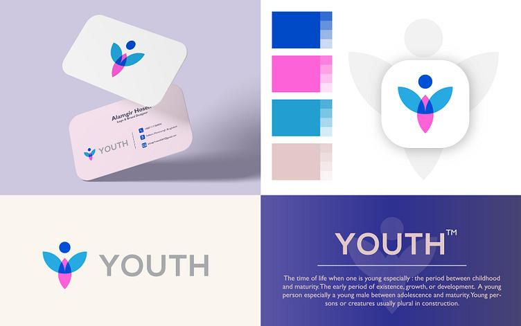 YOUTH branding mockup with colorful abstract person logo, business cards, color swatches, and definition text on pastel backgrounds.