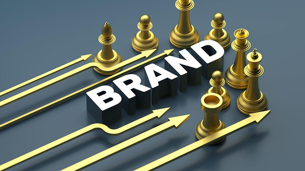 Gold chess pieces and upward arrows surround the word BRAND on a gray background, suggesting strategy and growth.