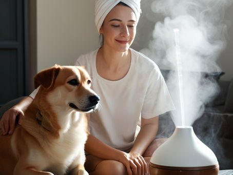 Hund und Frau entspannen beim Aroma einer Duftlampe - Stessabbau für Frauchen und Hund