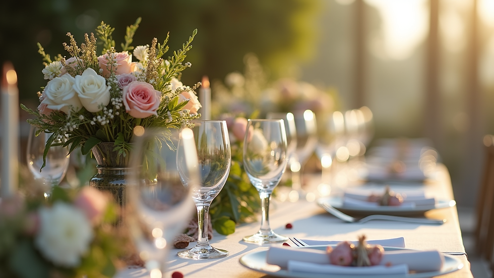 Close-up view of a wedding reception table with natural floral decorations