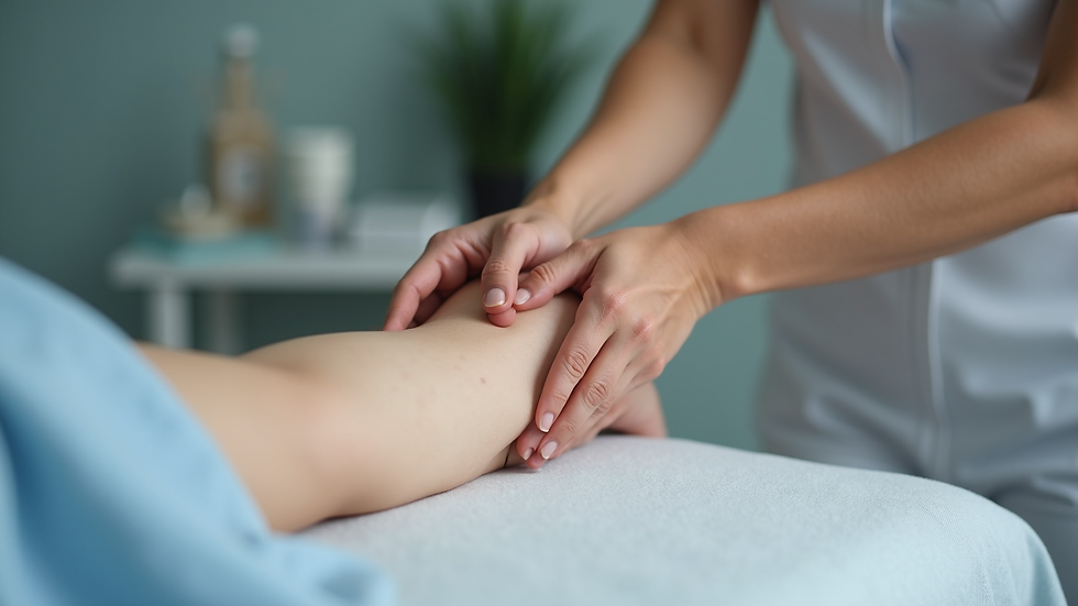 Eye-level view of a therapist performing manual lymphatic drainage on a patient’s arm
