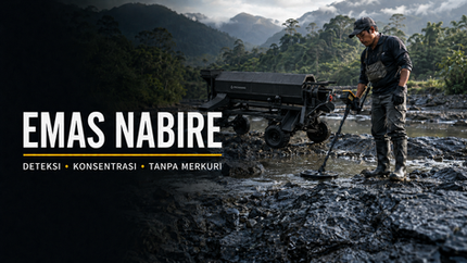 Penambang menggunakan detektor emas di Nabire dengan Promining ATV Helix untuk pengolahan emas aluvial tanpa merkuri.