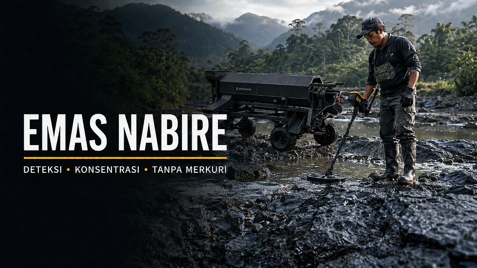 Penambang menggunakan detektor emas di Nabire dengan Promining ATV Helix untuk pengolahan emas aluvial tanpa merkuri.