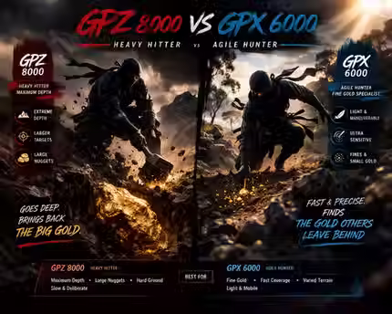 Visual comparison of GPZ 8000 and GPX 6000 showing depth versus agility, where GPZ represents maximum depth and large nugget detection and GPX represents fine gold sensitivity, maneuverability, and fast prospecting