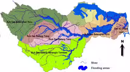 Peta DAS Batang Hari yang menunjukkan sub-DAS, jaringan sungai, dan area rawan banjir penting bagi penambangan emas aluvial.