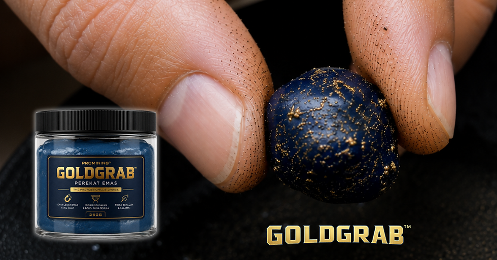 GoldGrab™ Perekat Emas blue gold-collecting compound covered with fine gold particles, held between fingers next to product jar.