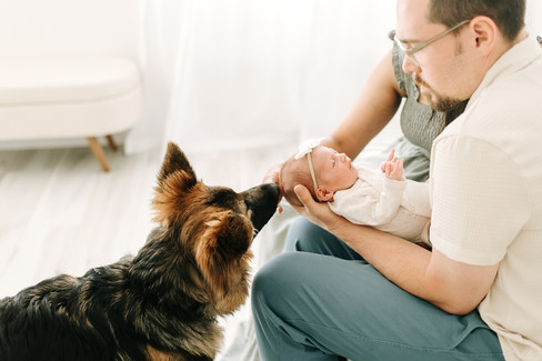 A man and woman sit on a couch holding a newborn baby while a dog stands and sniffs the baby's head