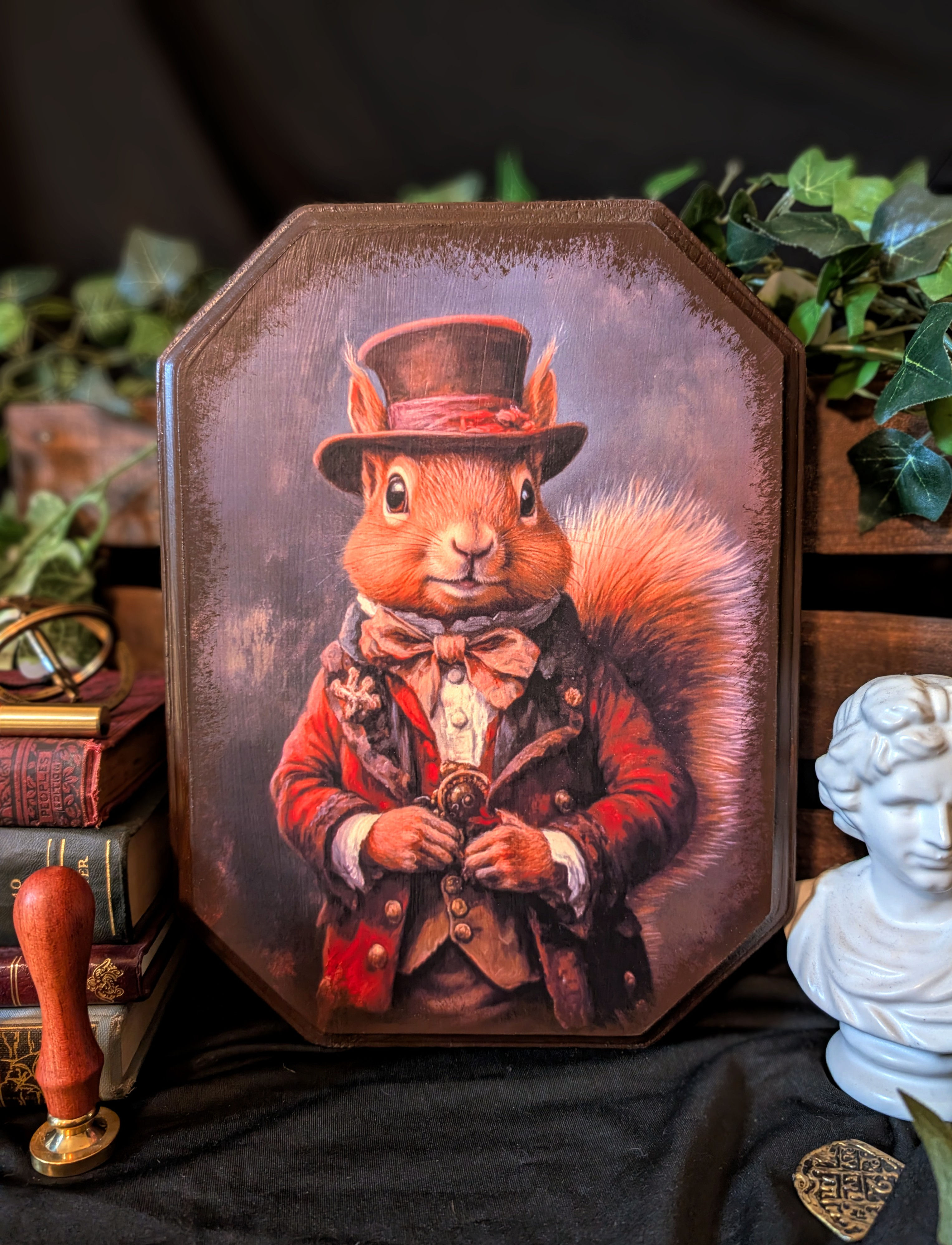 Dapper Squirrel Portrait on Clipped Corner Wood Plaque – Whimsical Animal Art De