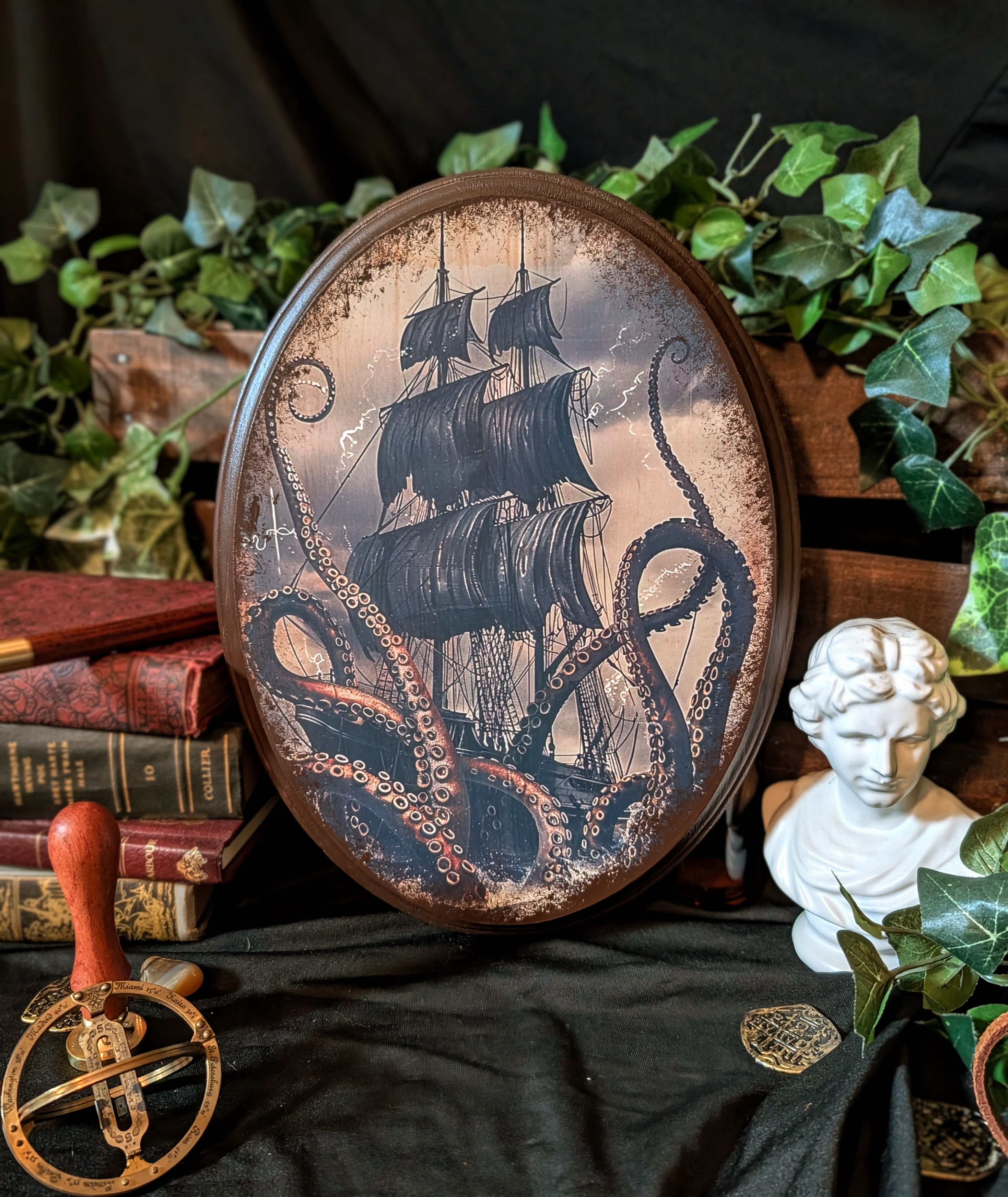 The Kraken’s Wrath Oval Wood Plaque – Nautical Fantasy Decor