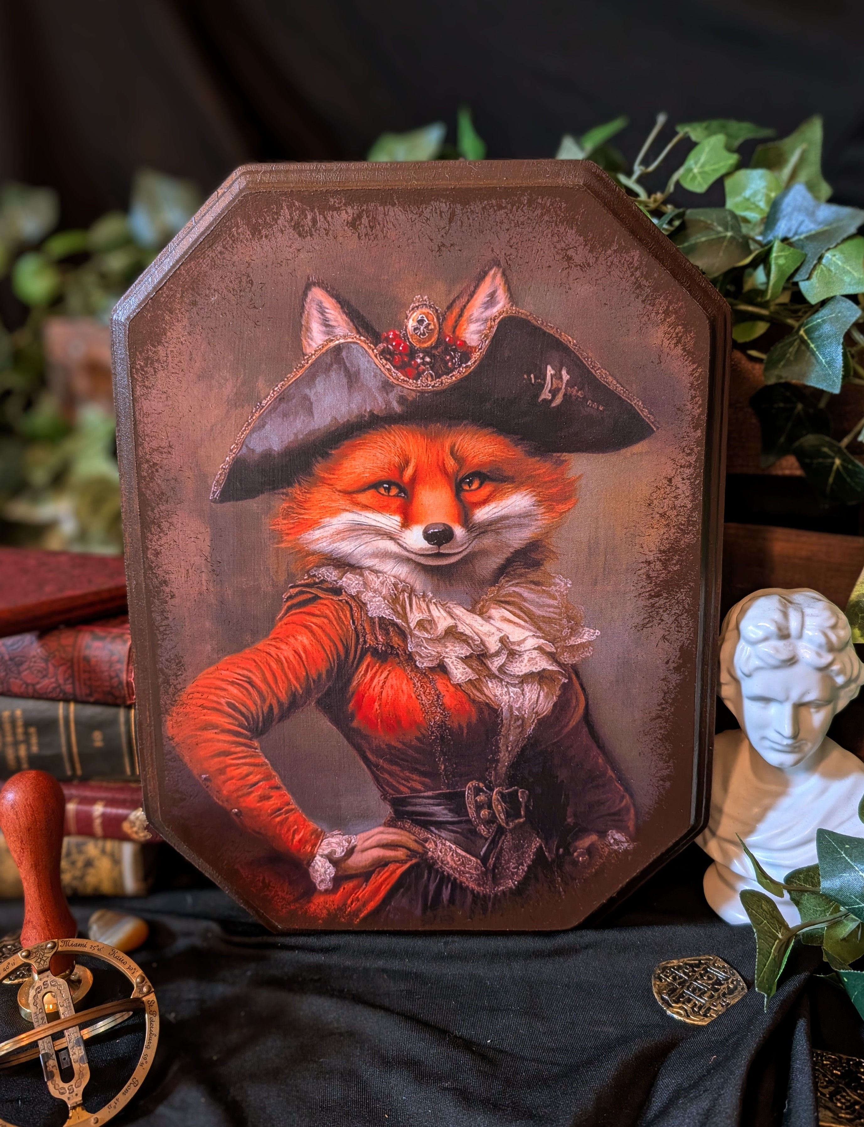 Pirate Fox Lady Portrait on Clipped Corner Wood Plaque – Elegant Animal Art Deco