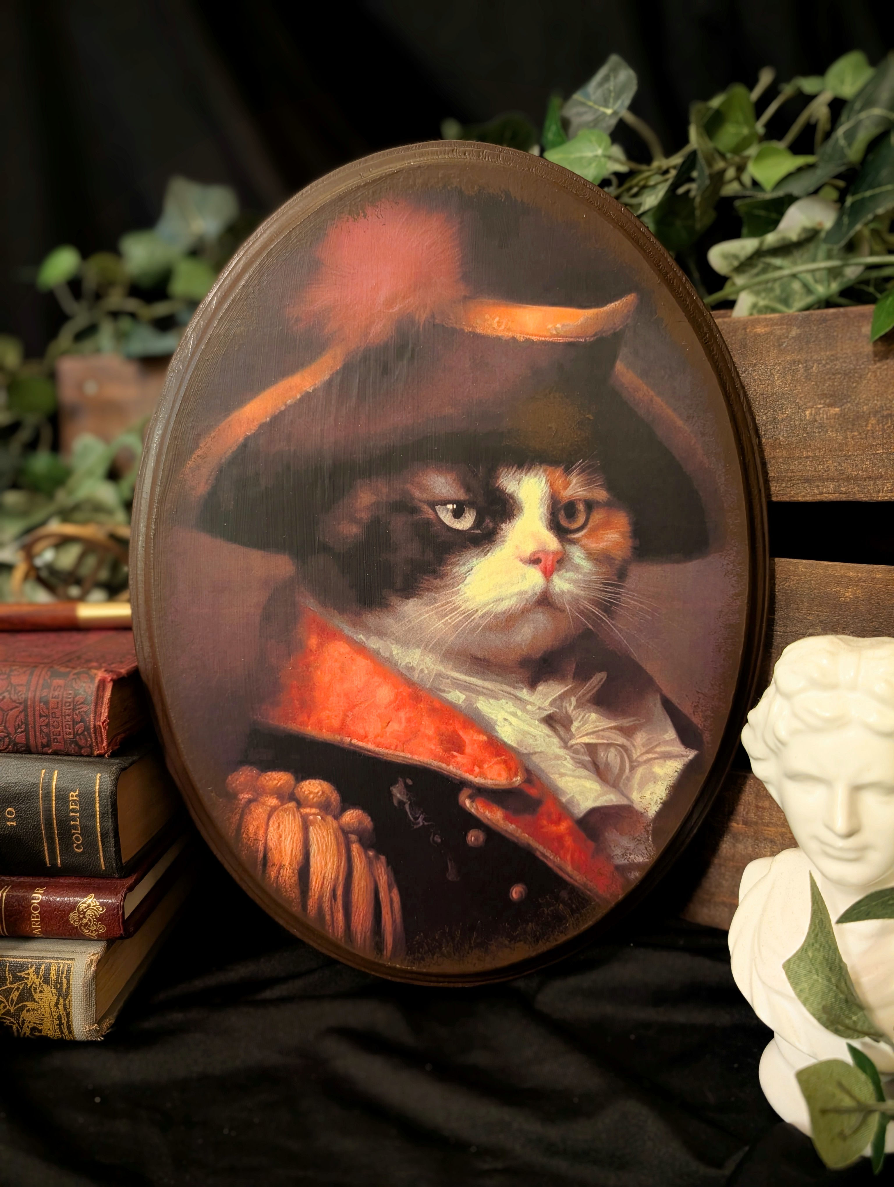 Distinguished Cat Portrait on Oval Wood Plaque – Nautical Vintage Animal Decor