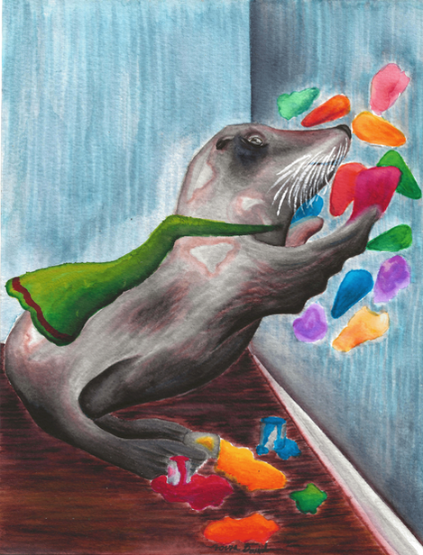 A silly sealion finger paints on the walls.