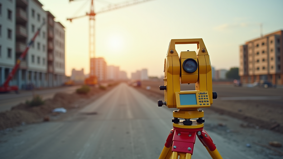 Eye-level view of a construction site with surveying equipment