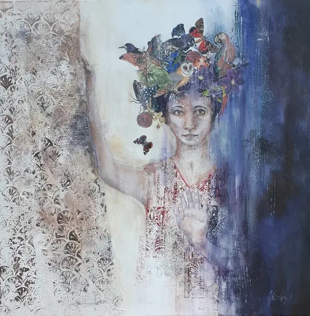 Femme, Art déco, Art Nouveau, motifs, collages, animaux, insectes, fleurs.
Acrylique, motifs en linogravure et crayon graphite sur toile.
80X80