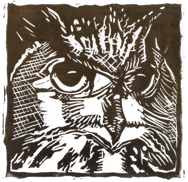 Hibou, noir et blanc.
Gravure en linogravure, encre à l'eau, sur papier.