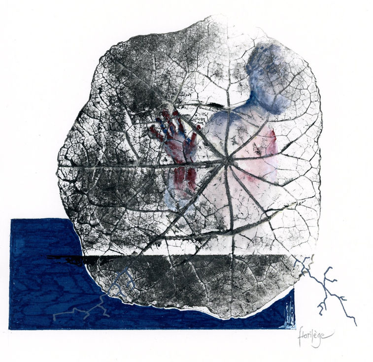 Fantôme, feuille, silhouette.
Impression végétale, encre, aquarelle