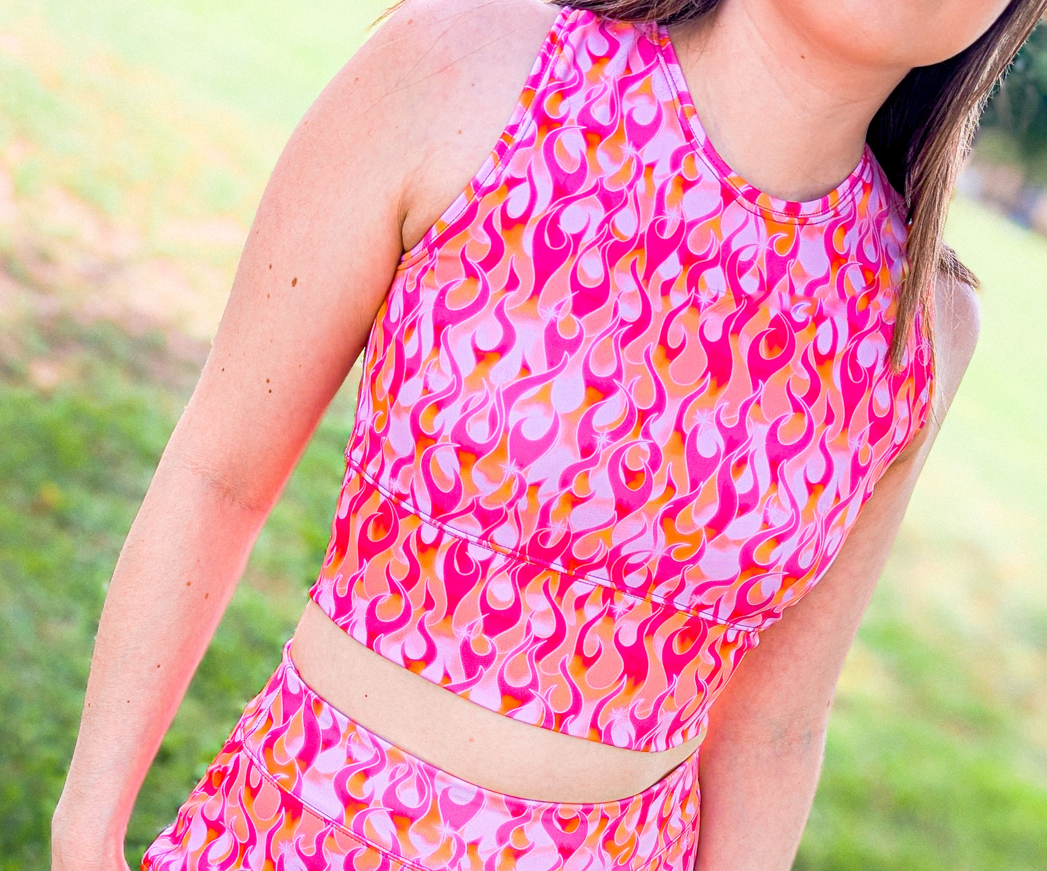 pink flame crew neck sports bra