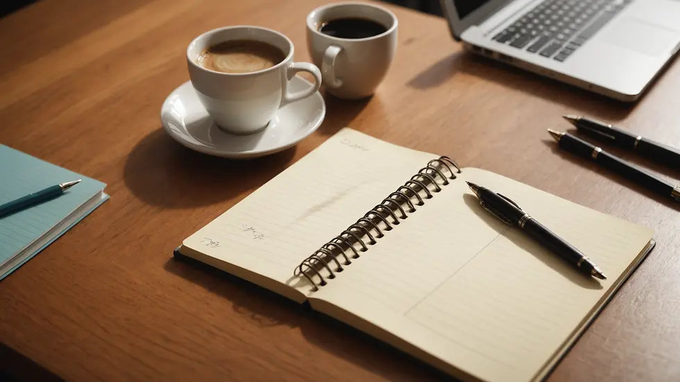 Wide angle view of a notepad with a pen and a coffee cup on a desk