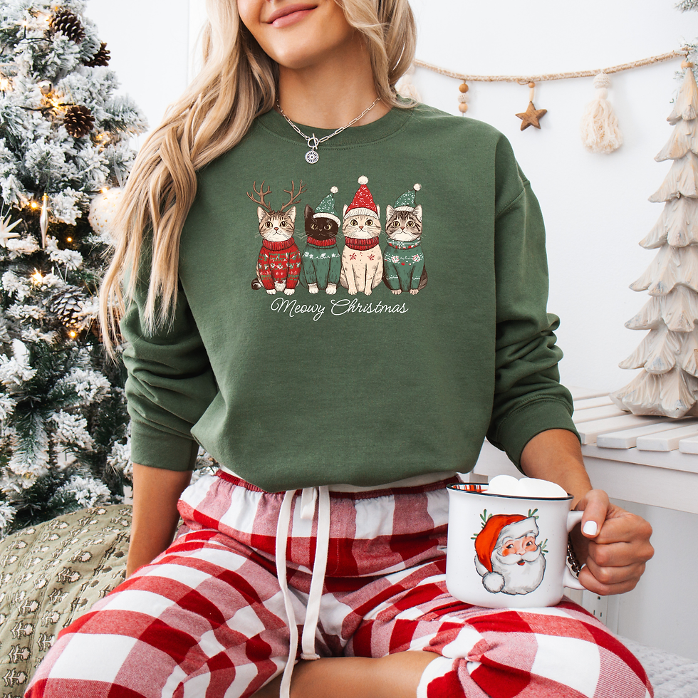 Military green sweatshirt with the picture of 4 cats and the words Meowy Christmas