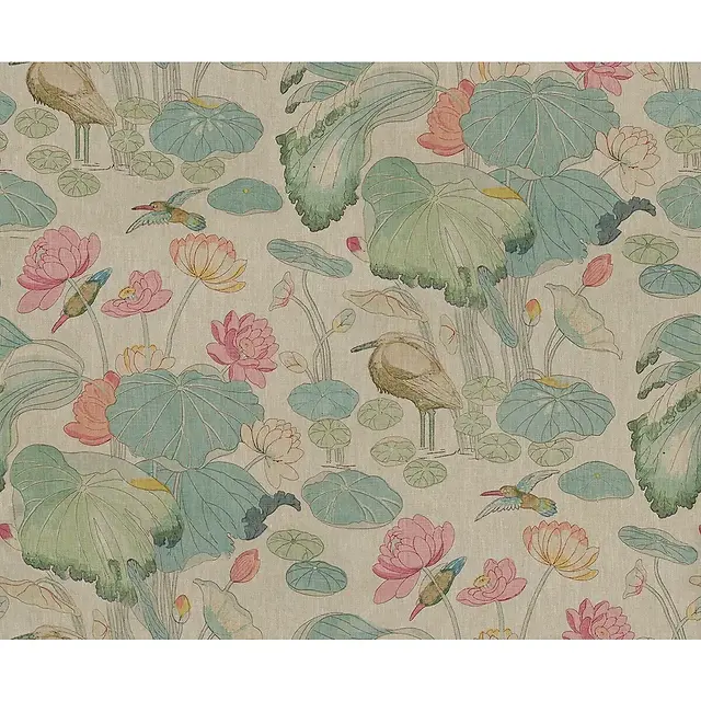 Lee Jofa multicolor birds and lilypads print linen decor fabric
