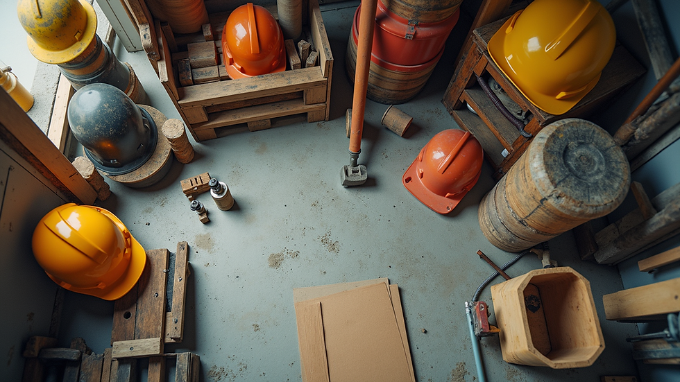 high angle view of organized construction tools and materials