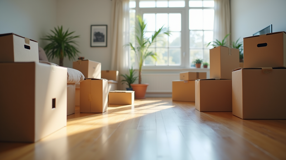 Eye-level view of a neatly organized room with boxes ready for moving