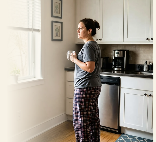 MenopauseWomanInTheKitchenHoldingGlassOfWater.png