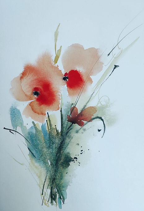 a watercolor painting of red flowers on a white background